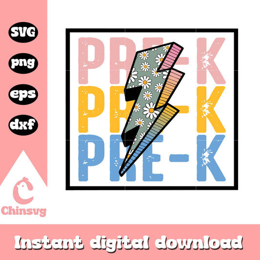 Pre-k floral lightning bolt design svg, back to school decor svg