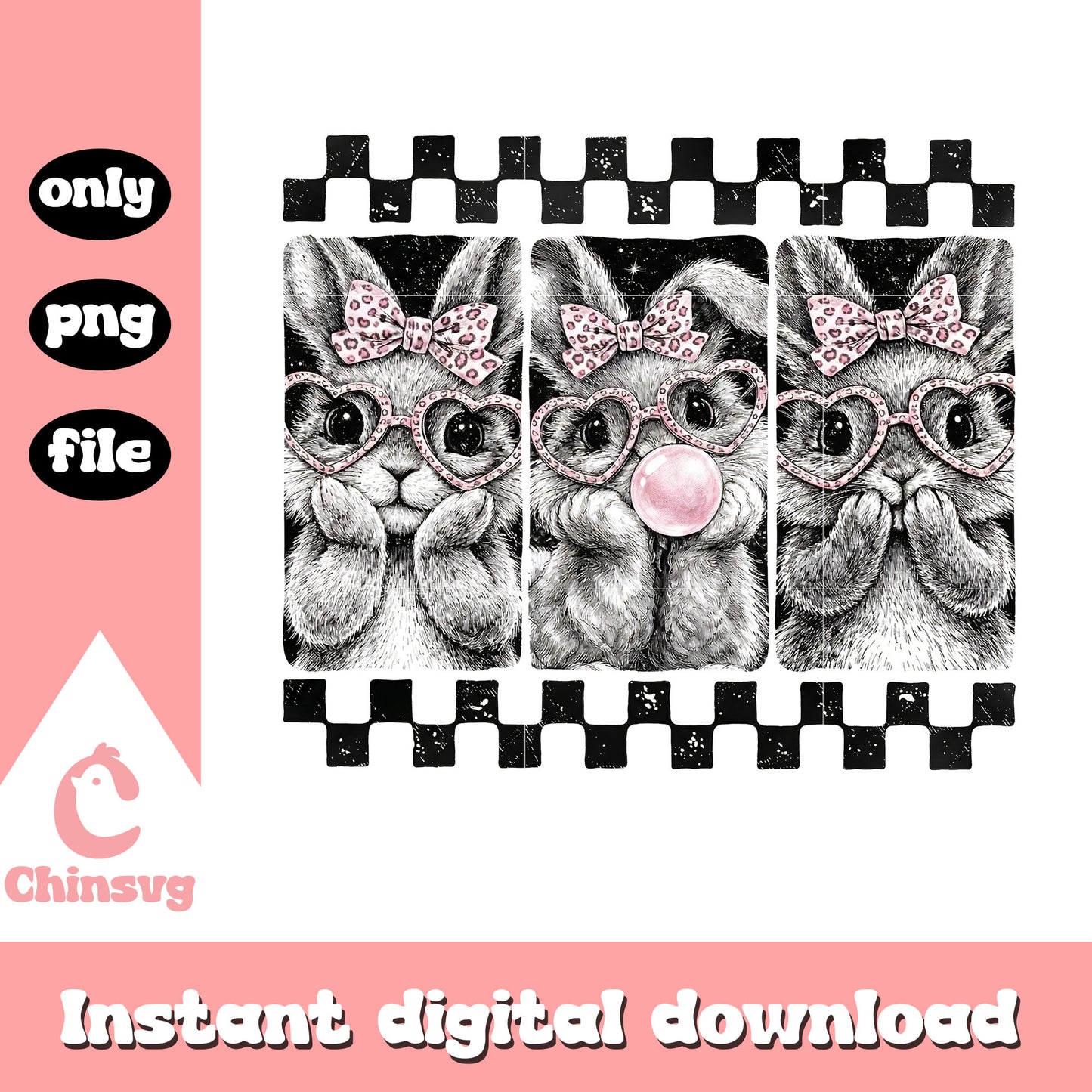 Preppy easter leopard bunny png, retro cute easter bunny png, easter png