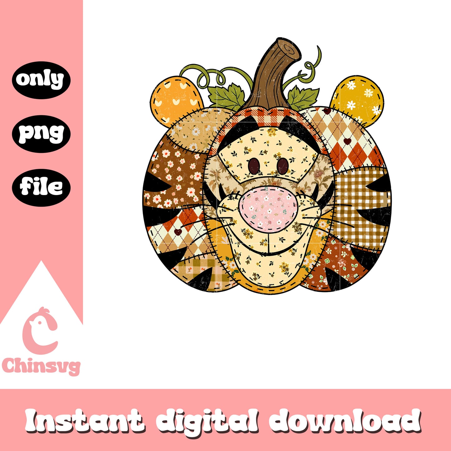 Preppy floral tiger  pumpkin patchwork png, disney halloween png