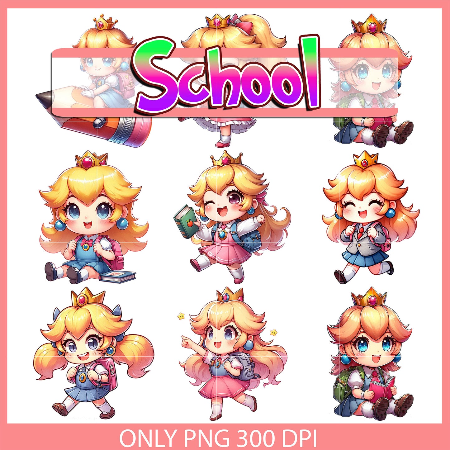 Princess peach back to school design bundle png, princess peach png