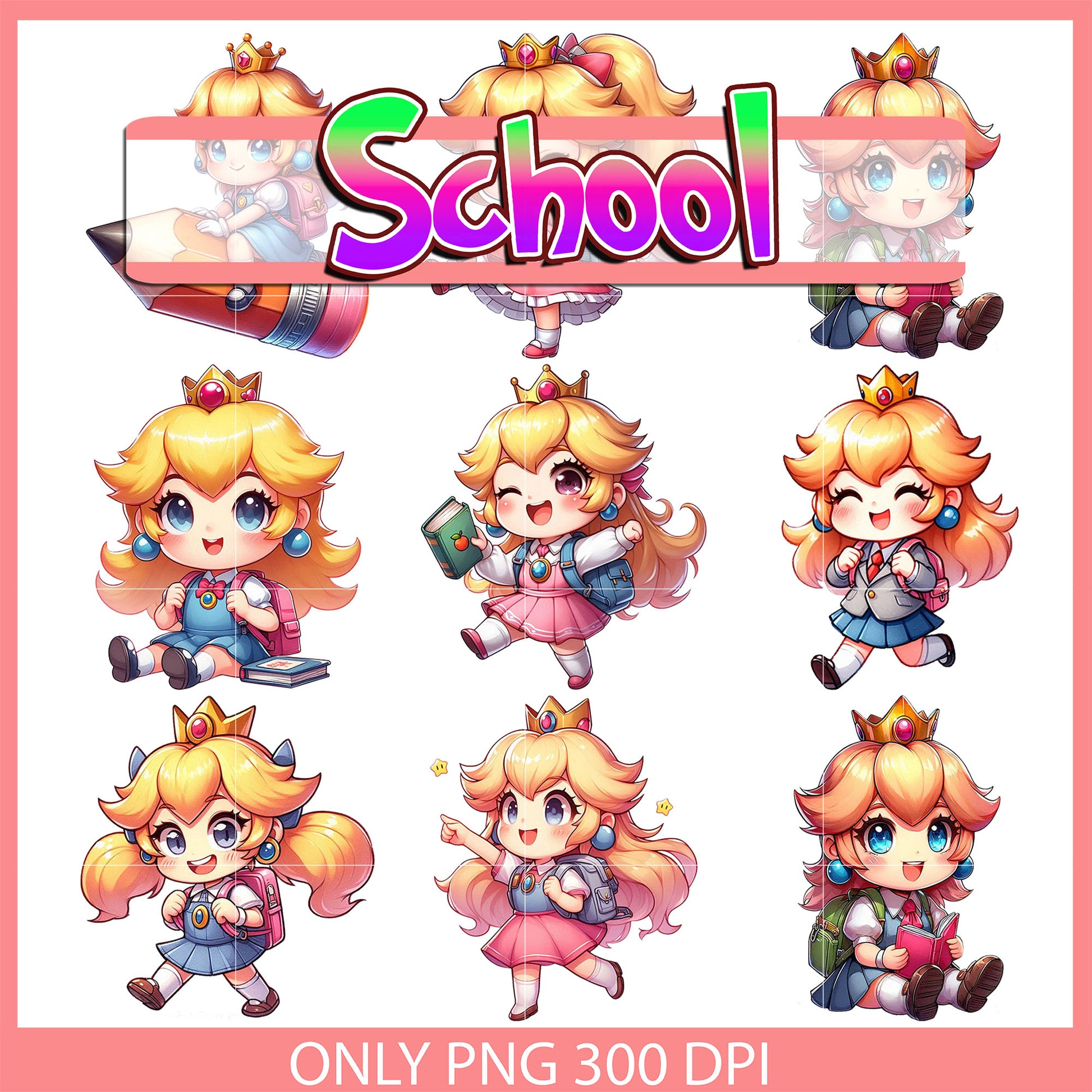 Princess peach back to school design bundle png, princess peach png