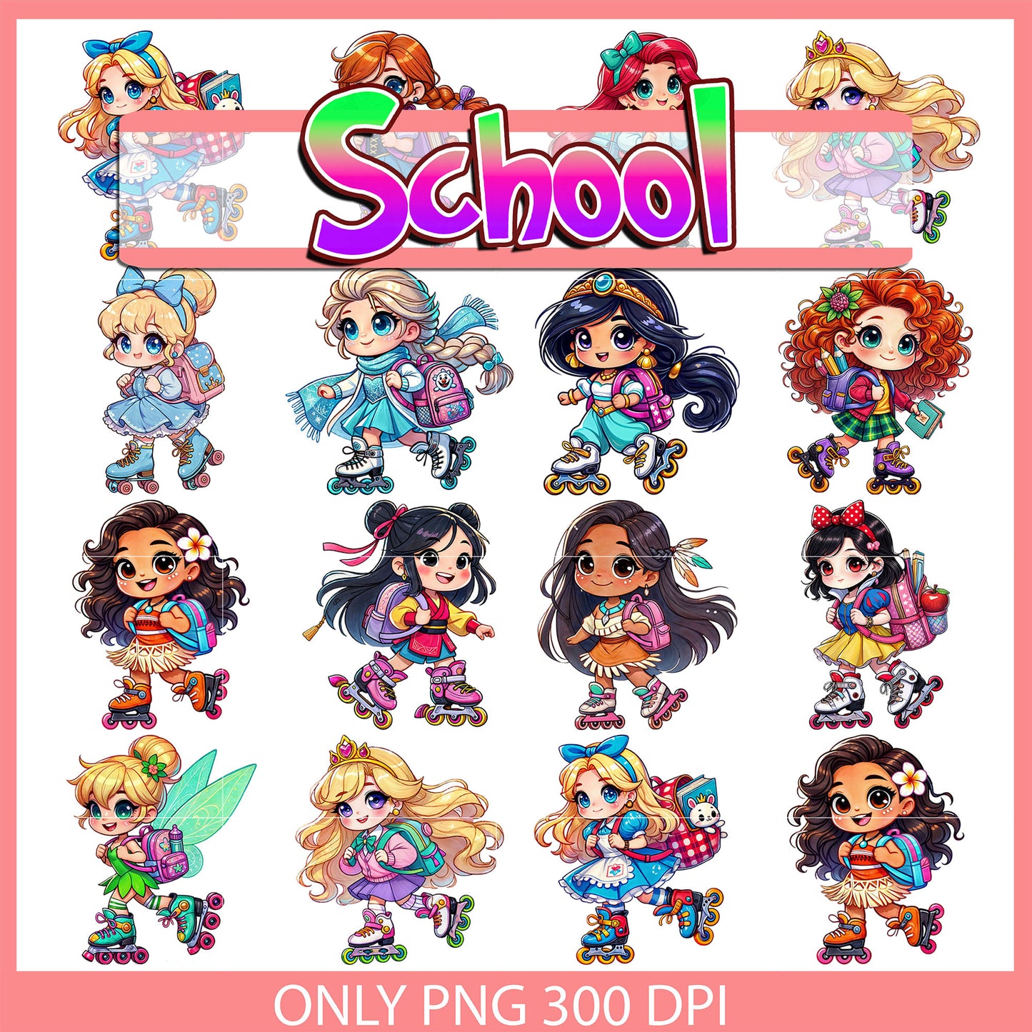 Princess roller skating to school bundle png, princess disney png