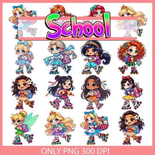 Princess roller skating to school bundle png, princess disney png