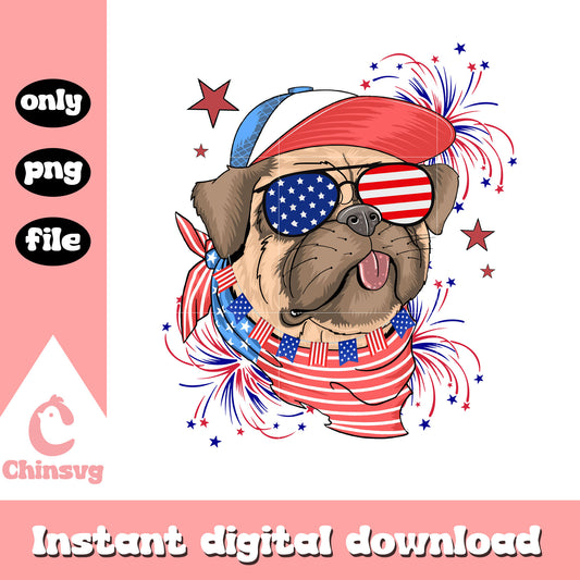 Pug dog wearing patriotic accessories png, pug dog png