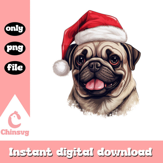 Pug puppy dog face santa hat design png, christmas dog png​
