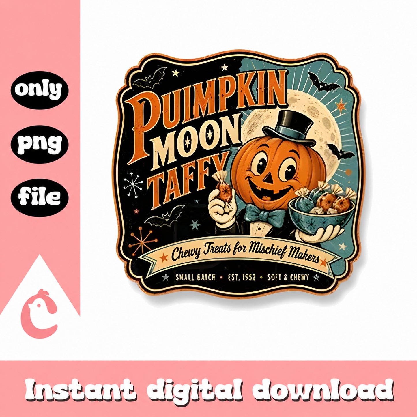 Pumpkin Moon Taffy Retro PNG, Vintage Halloween Clipart, PNG File
