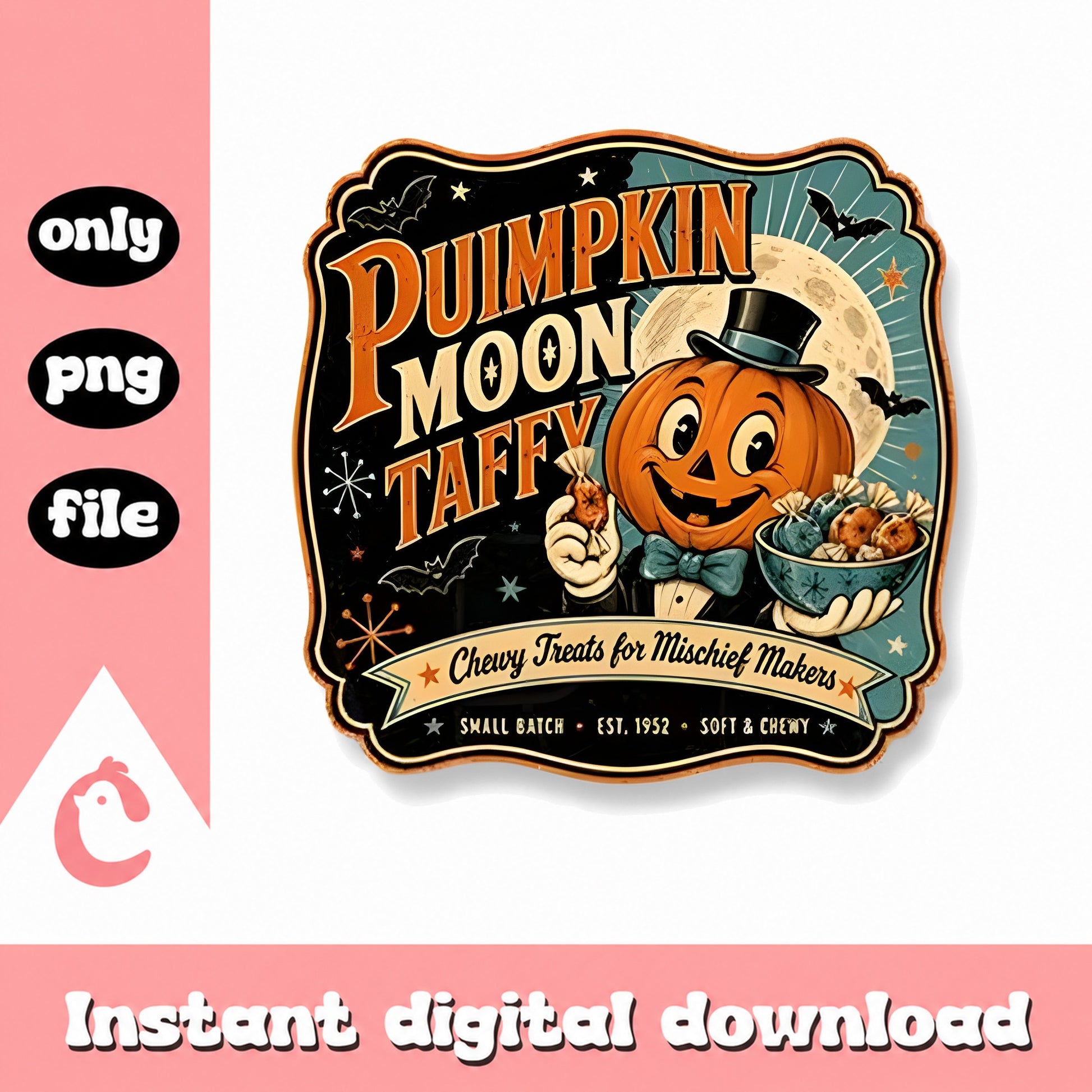 Pumpkin Moon Taffy Retro PNG, Vintage Halloween Clipart, PNG File