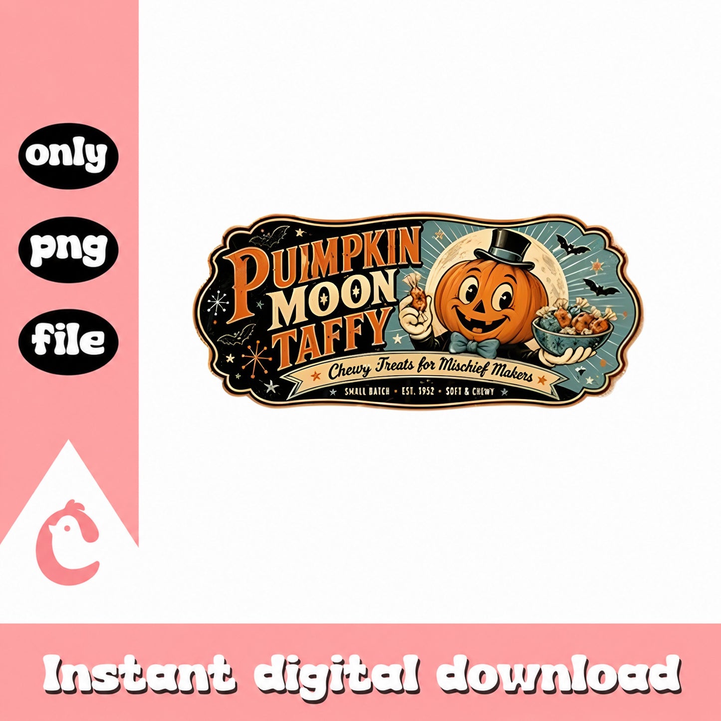 Pumpkin Moon Taffy Vintage Label, Halloween Retro Design, PNG