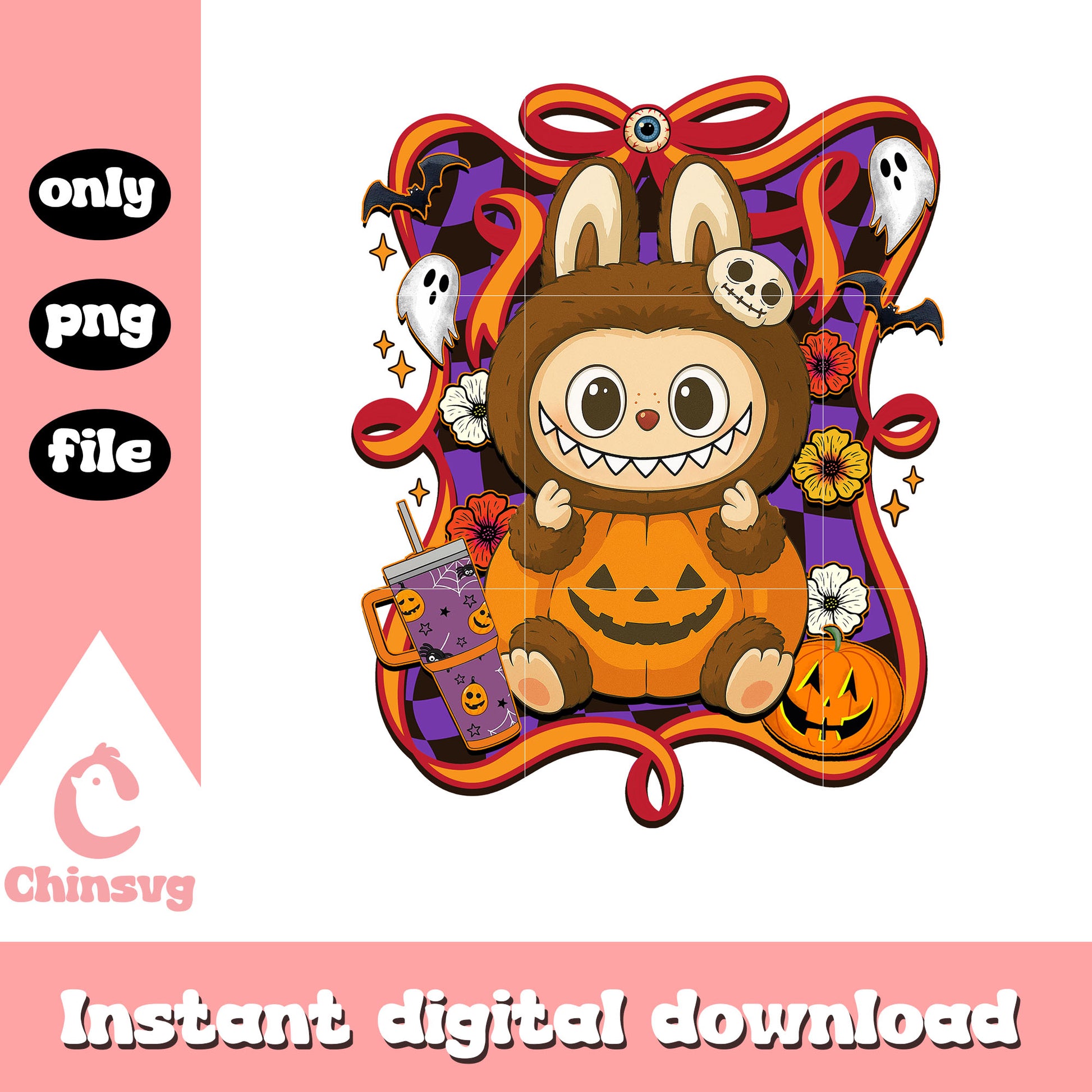Pumpkin clothes halloween labubu bow png, halloween png, pumpkin png