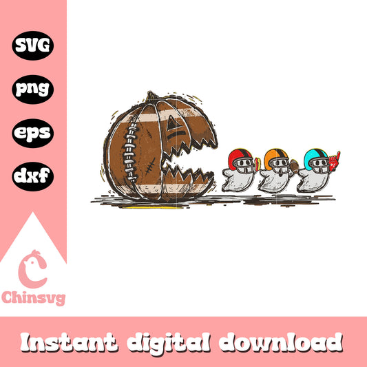 Pumpkin eating ghost football design svg, football vibes svg
