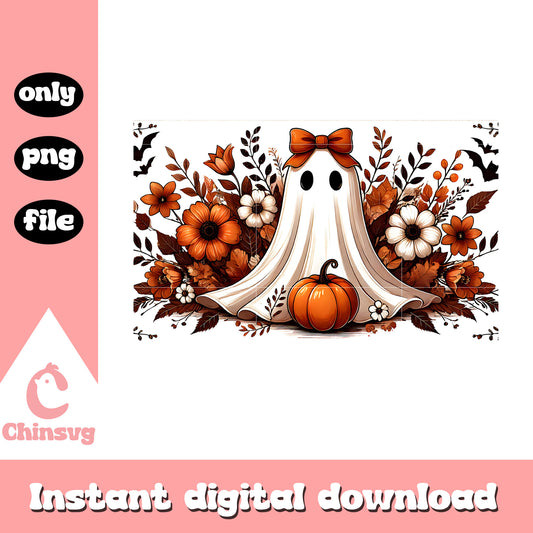 Pumpkin ghost floral drawing design png, happy autumn png