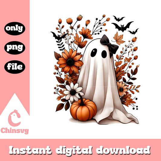 Pumpkin ghost flower drawing design png, happy autumn fall png