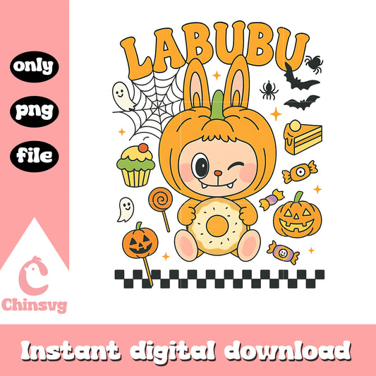 Pumpkin labubu holding donut drawing design png, halloween pumpkin png