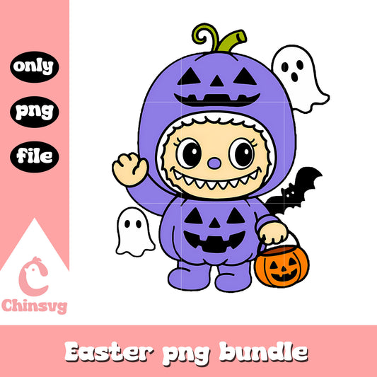 Pumpkin trick-or-treater blue labubu doll png, halloween labubu png