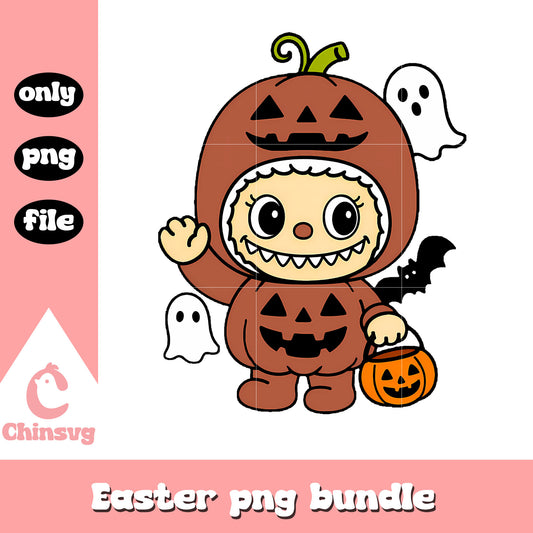 Pumpkin trick-or-treater brown labubu doll png, trick or treat png