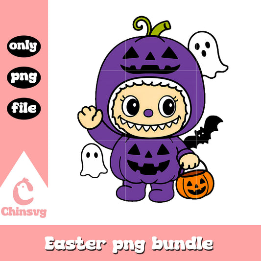 Pumpkin trick-or-treater dark purple labubu png, happy halloween png
