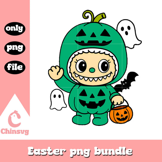 Pumpkin trick-or-treater green labubu doll png, halloween pumpkin png