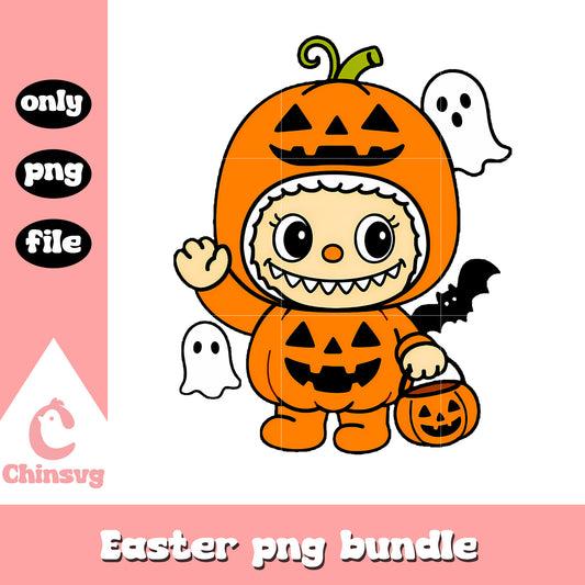 Pumpkin trick-or-treater orange labubu doll design png, halloween png