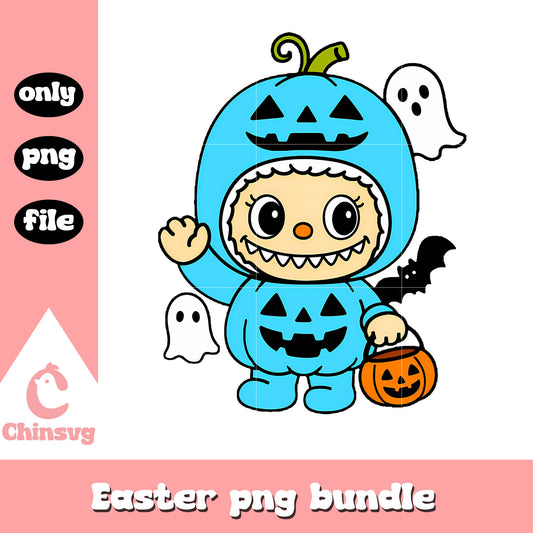 Pumpkin trick-or-treater pastel blue labubu doll png, halloween art png