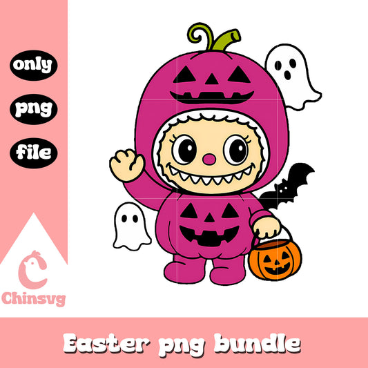 Pumpkin trick-or-treater pink labubu doll png, halloween holiday png