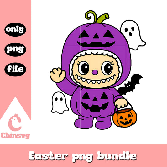 Pumpkin trick-or-treater purple labubu doll png, halloween day png