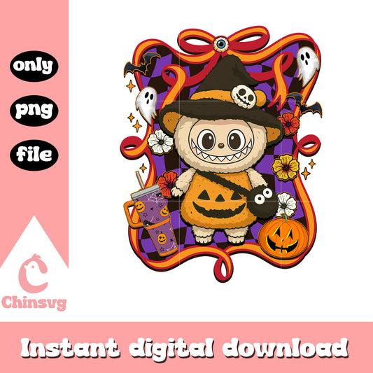 Pumpkin witch halloween labubu bow png, halloween pumpkin png