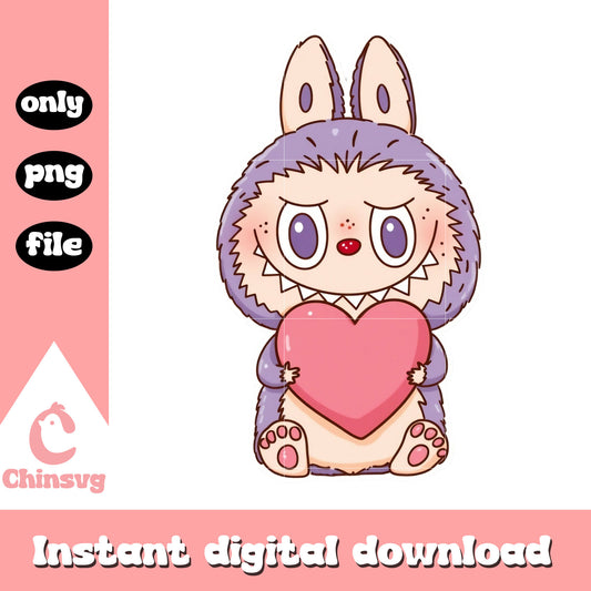 Purple labubu hand heart design png, labubu cartoon png