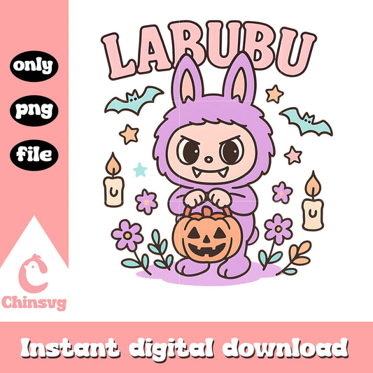 Purple labubu holding pumpkin design png, pumpkin halloween png