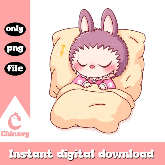Purple labubu sleeping design png, labubu clothes png