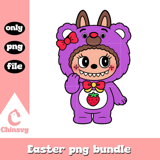 Purple strawberry bear labubu cute doll png, labubu purple png