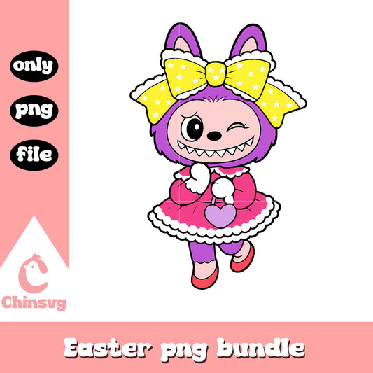 Purple winking bow girl labubu doll design png, labubu box png