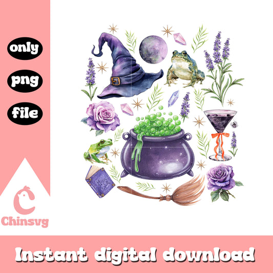 Purple witch craft design png, halloween costum png, witch png