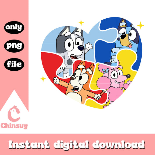 Puzzle heart bluey characters png, autism awareness png, cartoon png