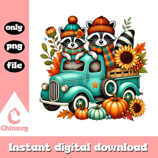 Raccon truck flower autumn vibes design png, autumn season png