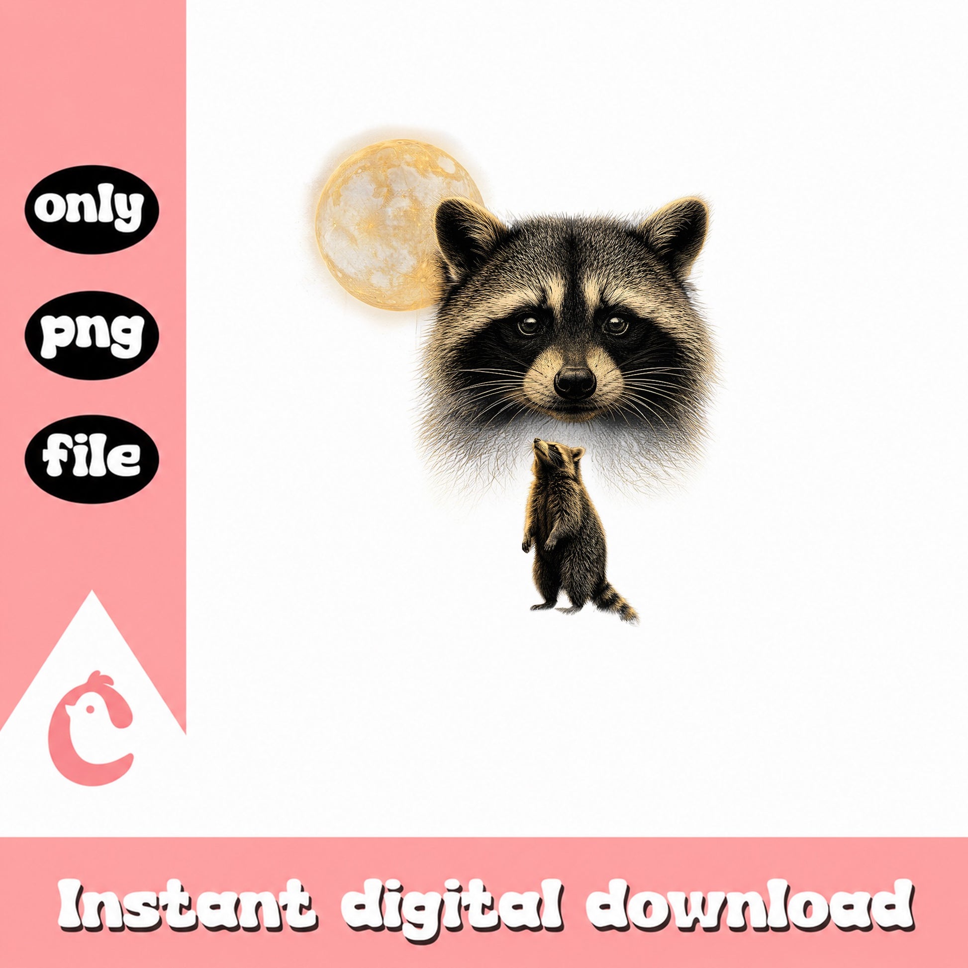 Raccoon Moon Clipart PNG, Woodland Animal Art, Instant Download PNG