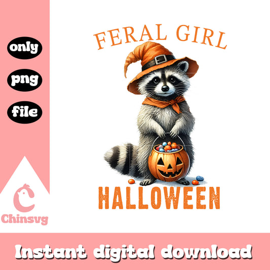 Raccoon feral girl halloween vibes design png, halloween raccoon png