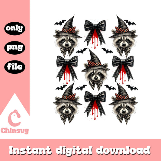 Raccoon ribbon coquette design png, raccoon halloween png