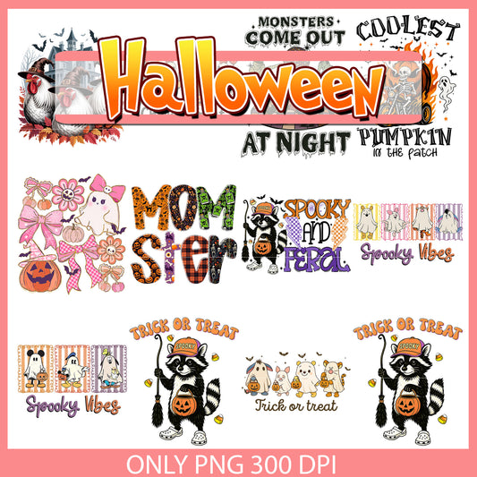 Raccoon trick or treat halloween bundle png, spooky season​ png