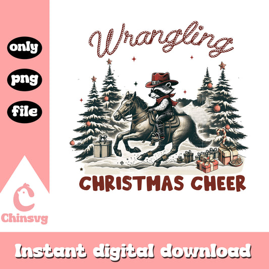 Raccoon wrangling christmas cheer design png, christmas raccoon​ png