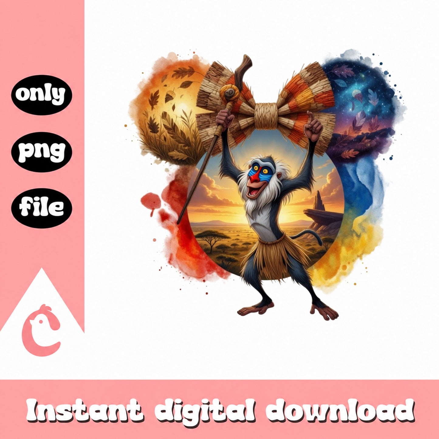 Rafiki Lion King PNG, Disney Watercolor Minnie Bow PNG, Africa PNG