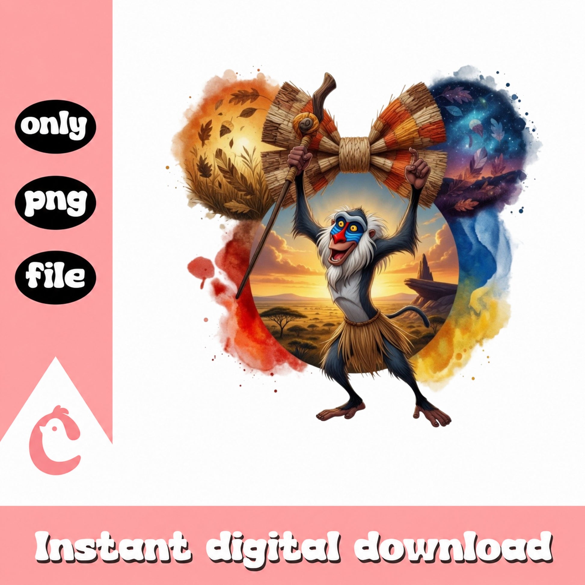 Rafiki Lion King PNG, Disney Watercolor Minnie Bow PNG, Africa PNG