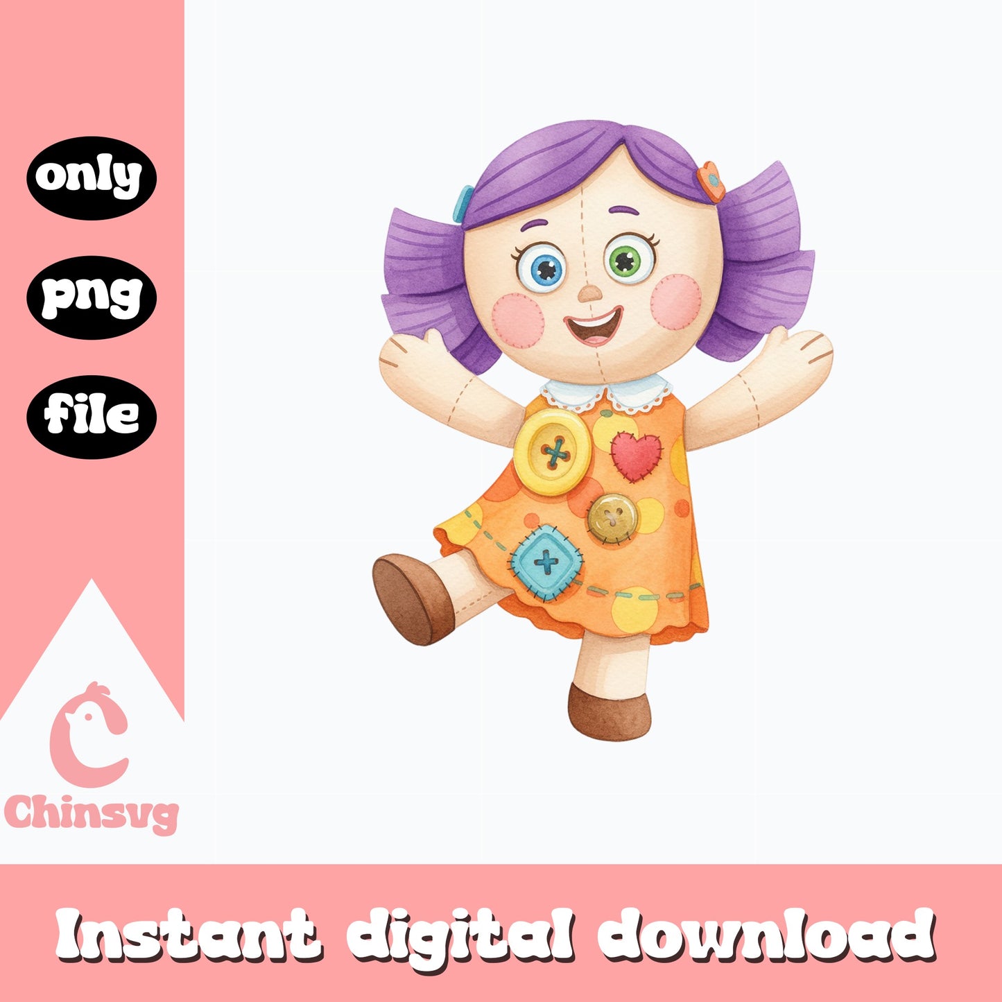 Rag Doll Clipart Watercolor PNG, Cute Doll PNG, Girl Doll PNG
