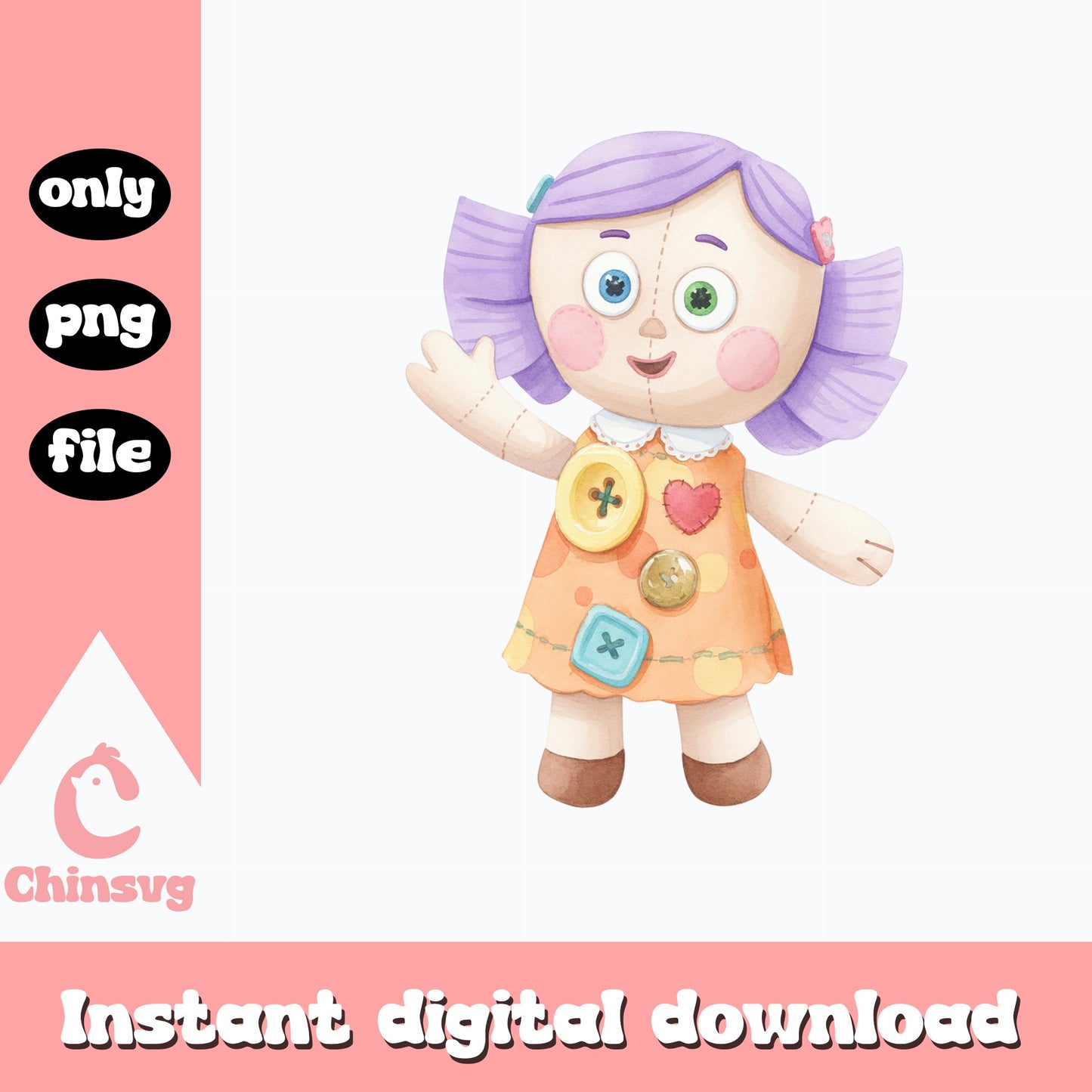 Rag Doll Girl Watercolor Clipart PNG, Cute Doll PNG, Kids PNG
