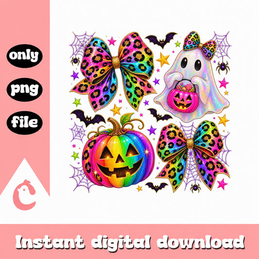 Rainbow Leopard Bows Halloween Clipart, Ghost Pumpkin PNG, PNG