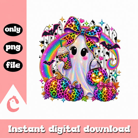 Rainbow Leopard Ghost Halloween PNG, Cute Pumpkin Clipart, PNG