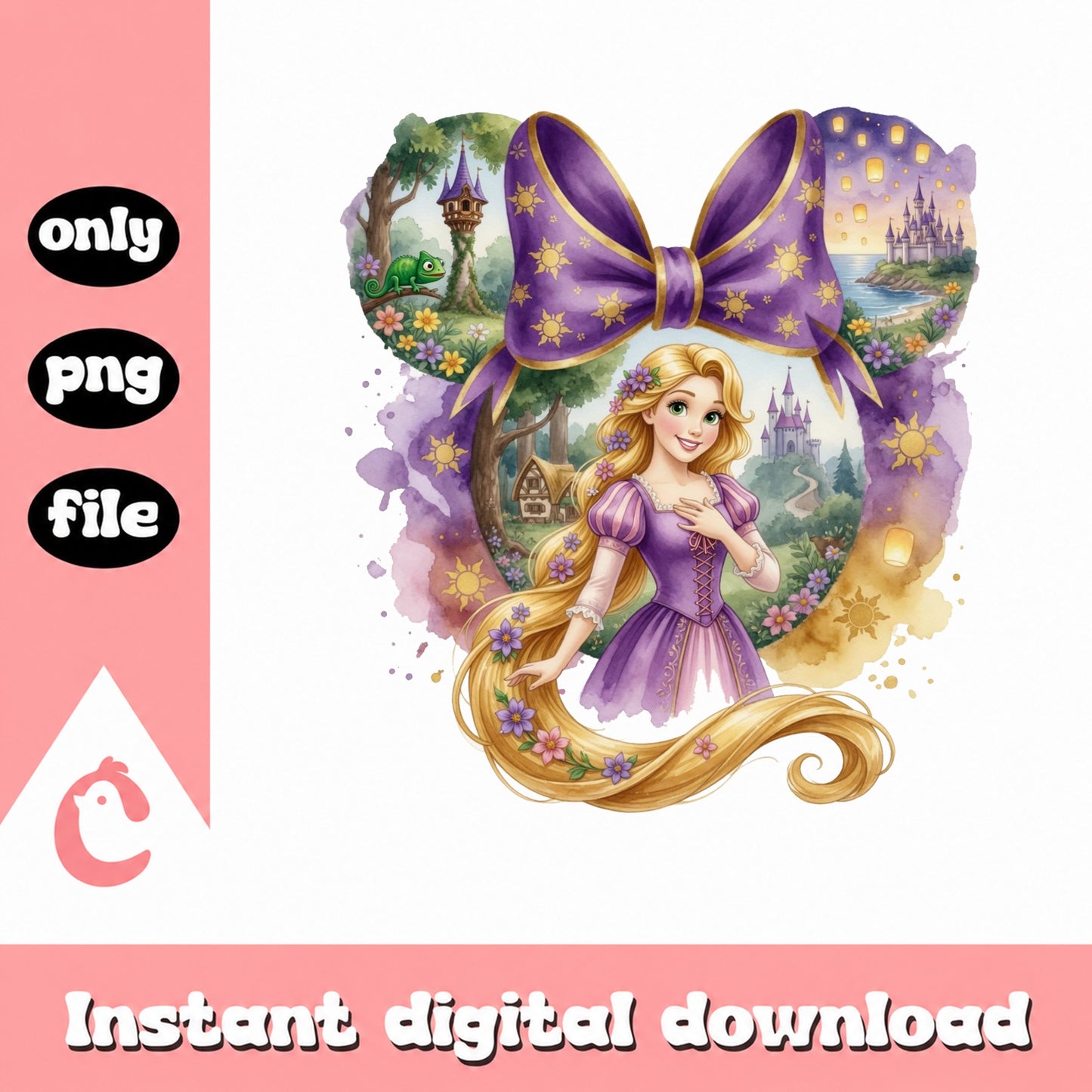 Rapunzel Minnie Mouse Bow PNG, Tangled Disney Princess PNG, Watercolor PNG