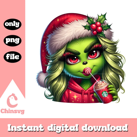 Red grinch girl coffee starbucks png, grinch drink coffee​ png