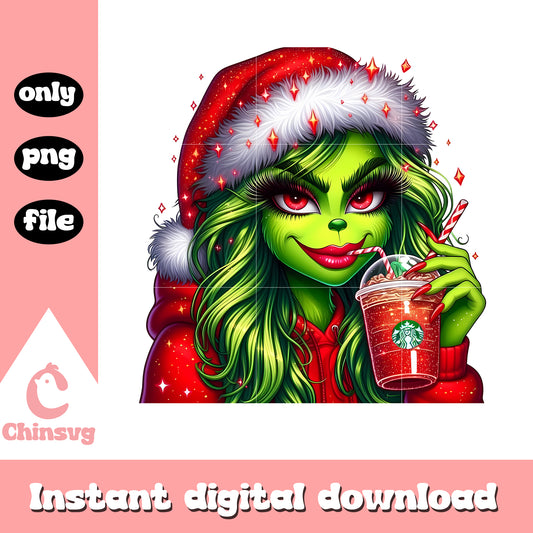 Red grinch girl drinking coffee starbucks png, starbucks grinch​ png