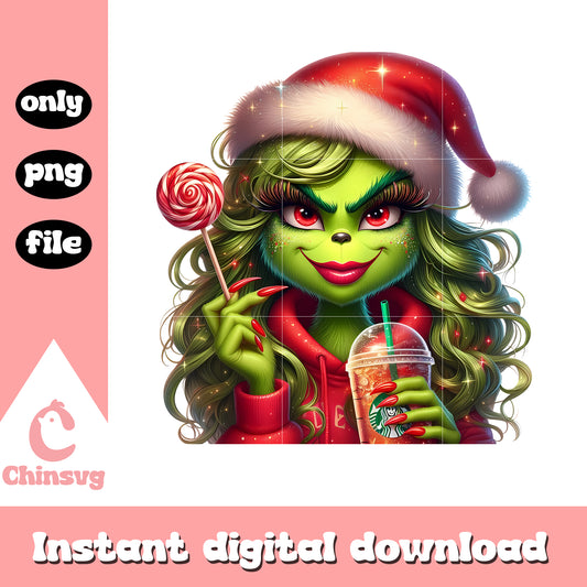 Red grinch girl with coffee starbucks png, grinch coffee cup​ png