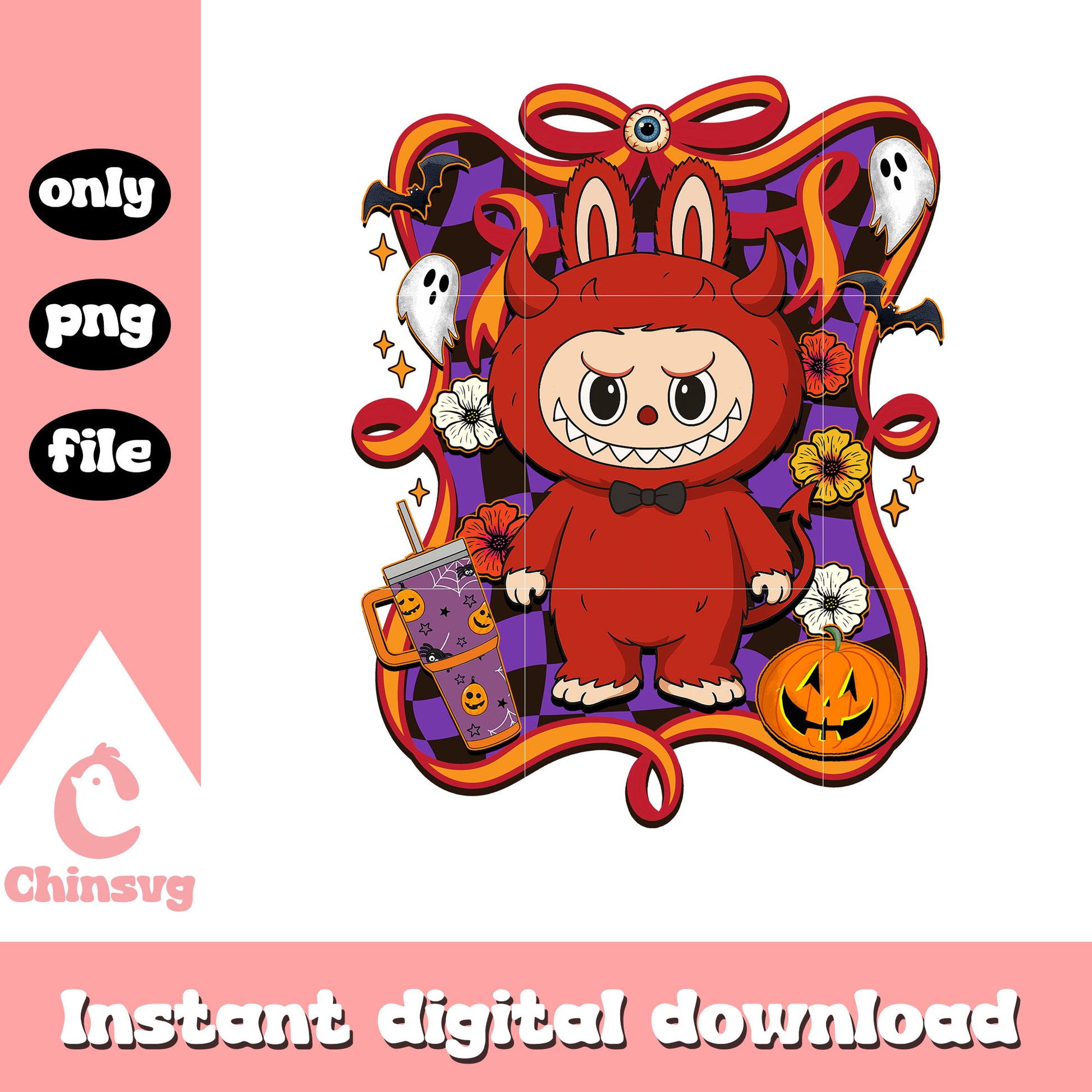 Red devil halloween labubu bow png, happy halloween png